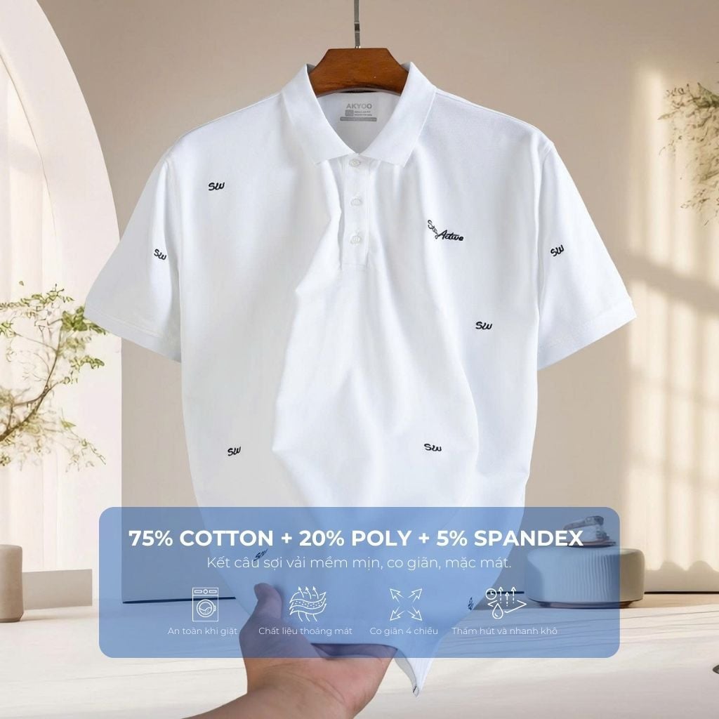 Mô tả chi tiết áo polo họa tiết trắng big size nam Akyoo