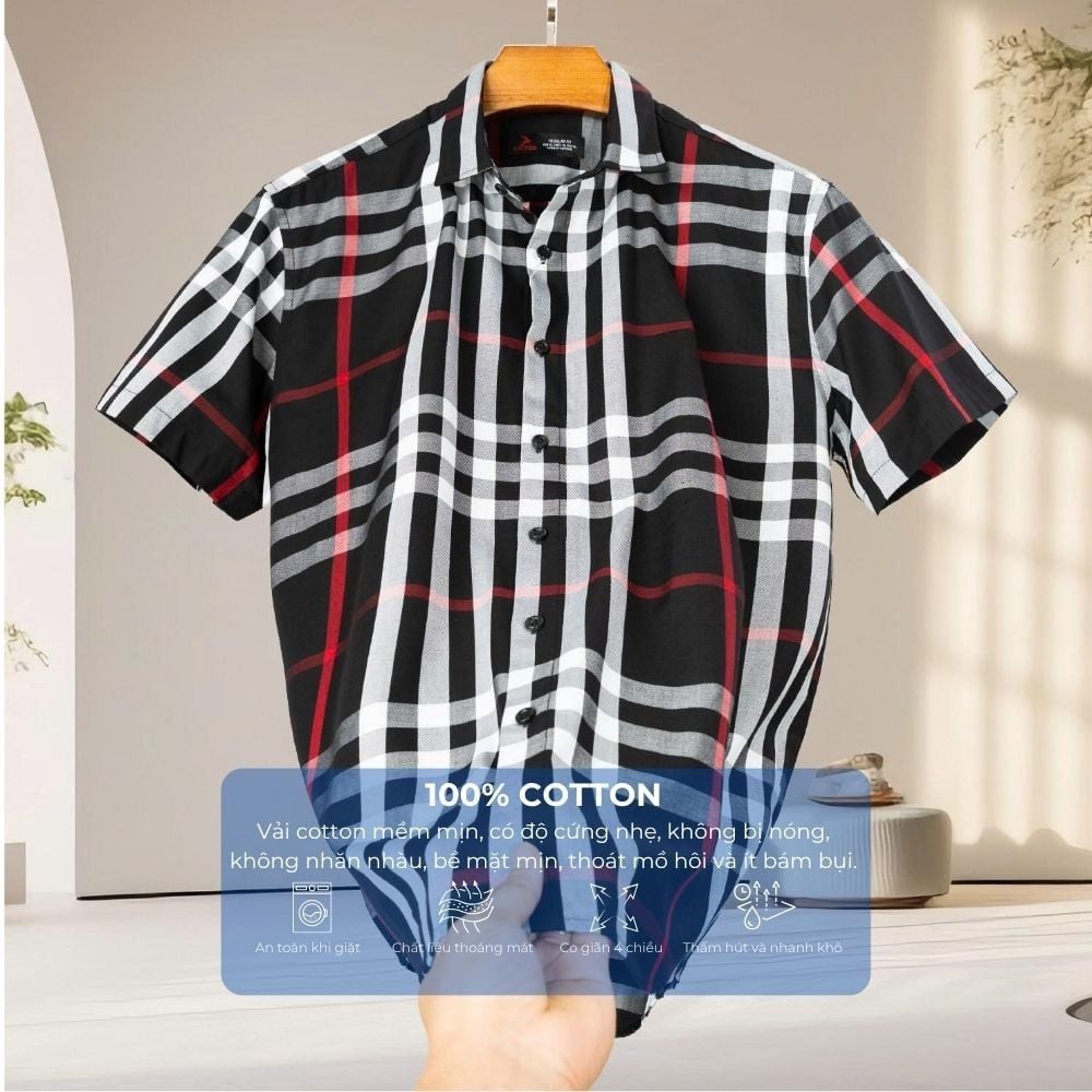 Mô tả chi tiết áo sơ mi cotton cộc tay kẻ big size nam Akyoo