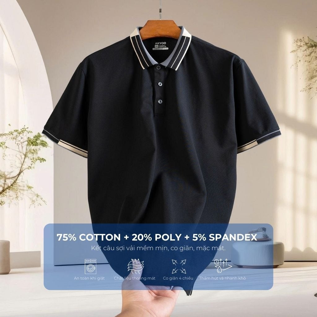 Mô tả chi tiết áo polo đen viền big size nam Akyoo