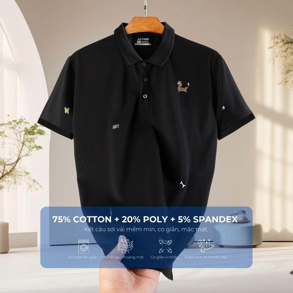 Mô tả chi tiết áo polo đen họa tiết big size nam Akyoo