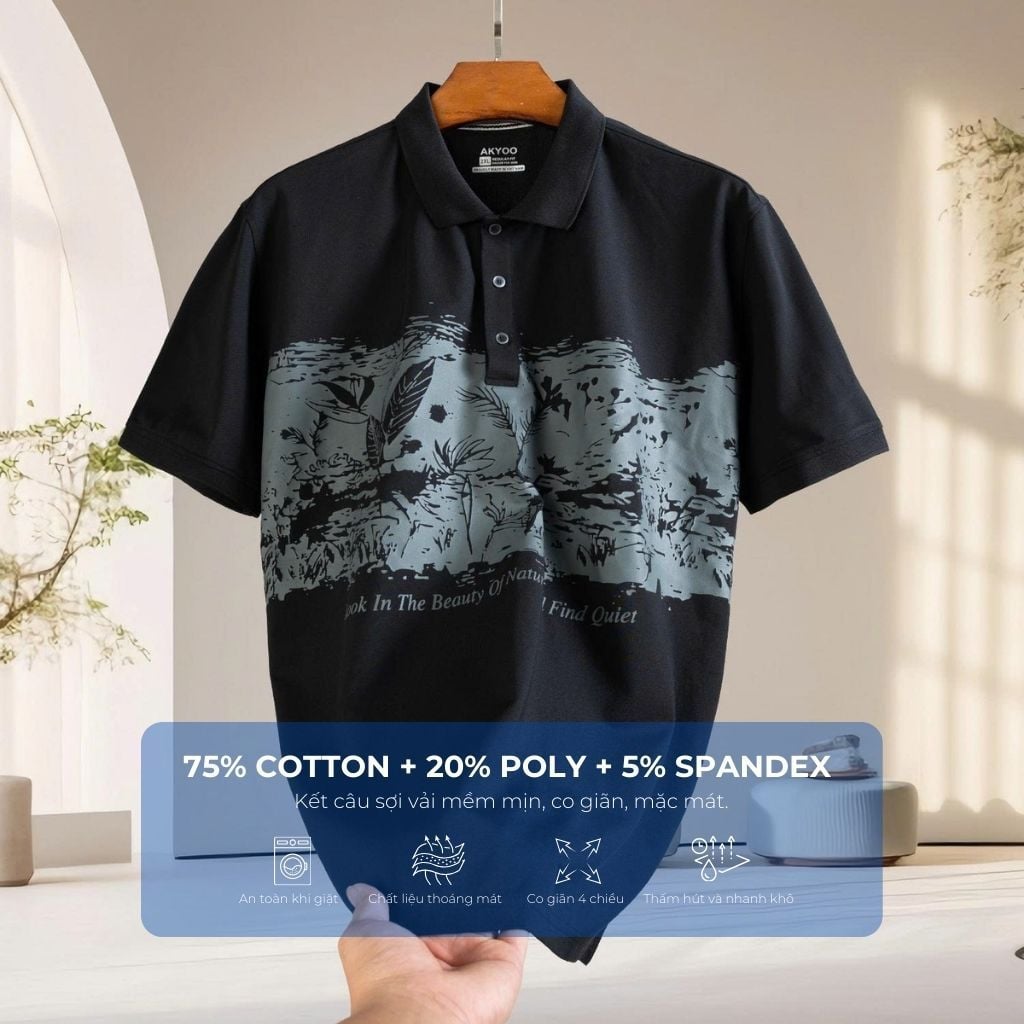 Mô tả chi tiết áo polo đen in big size nam Akyoo
