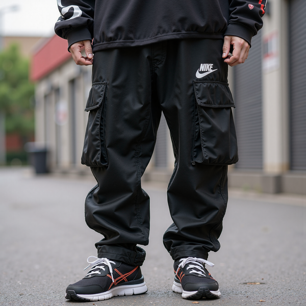 Ảnh cận cảnh các item streetwear như áo thun graphic, quần cargo, giày sneakers.
