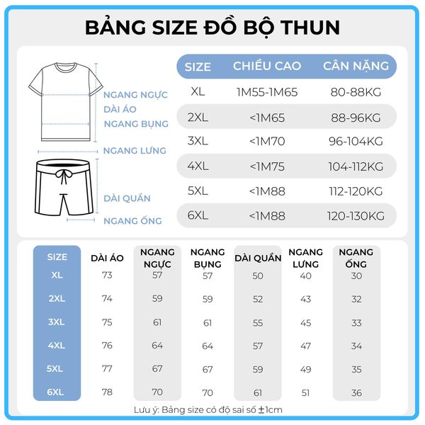 Bảng size đồ bộ thun big size nam Akyoo