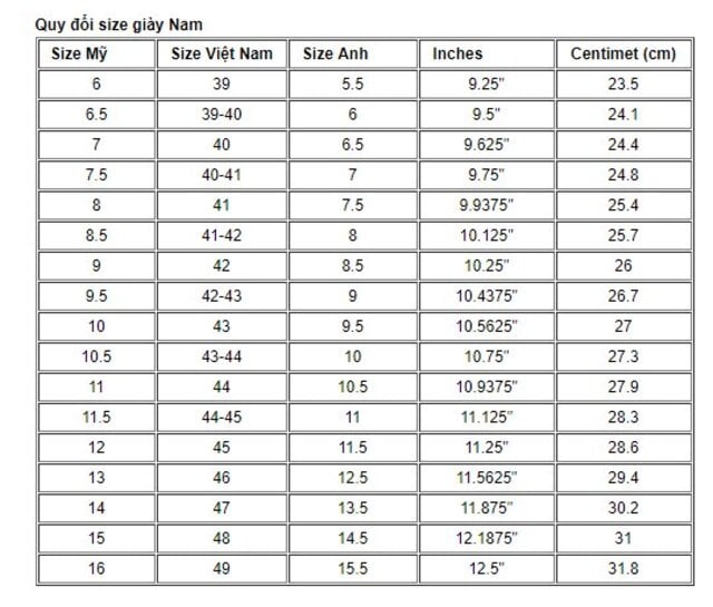 bảng size giầy nam