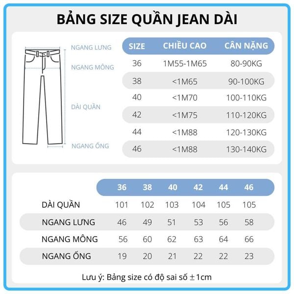 Bảng size quần jean và kaki dài big size nam Akyoo