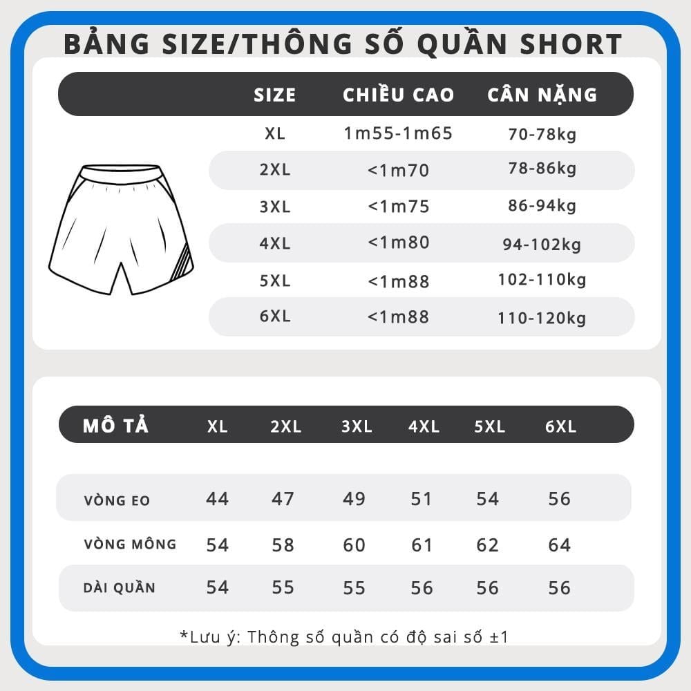 Bảng size quần short biển big size nam Akyoo