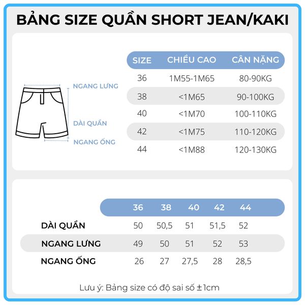 Bảng size quần short jean và kaki big size nam Akyoo