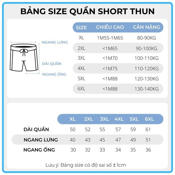 Bảng size quần short thun AKYOO