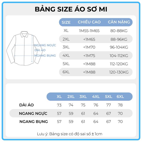 Bảng size áo sơ mi big size nam Akyoo