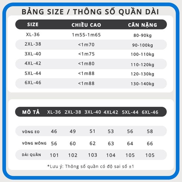 Bảng size quần dài big size nam