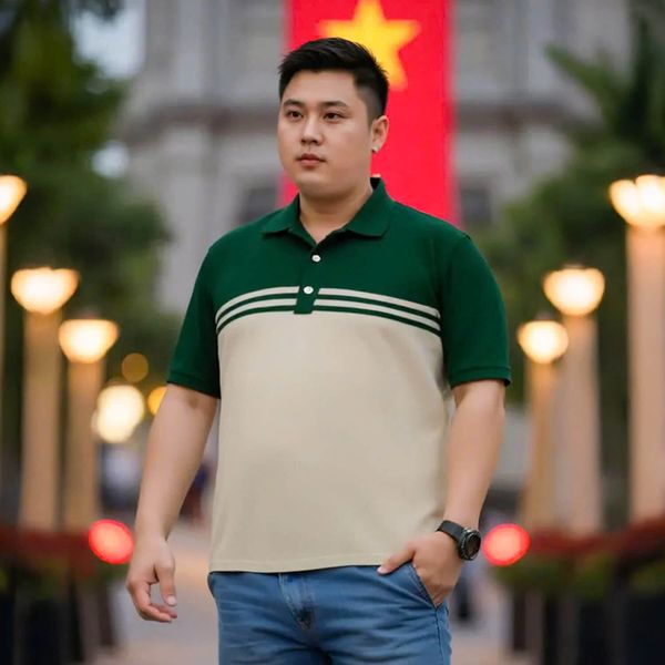 Mẫu nam mặc áo polo xanh ghi big size nam Akyoo