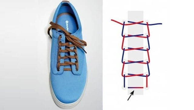 Cách thắt dây giày 6 lỗ kiểu hình thang