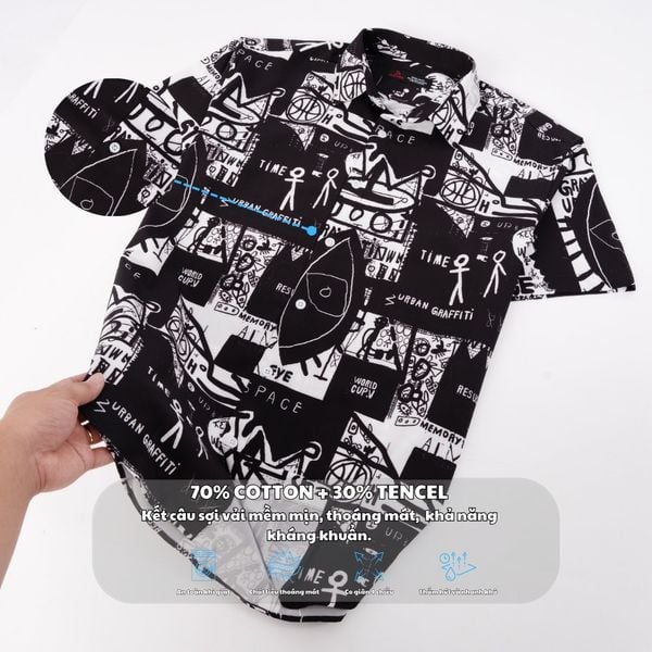 Mô tả chất liệu áo sơ mi đen big size nam in họa tiết