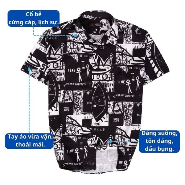 Mô tả chi tiết áo sơ mi đen big size nam in họa tiết