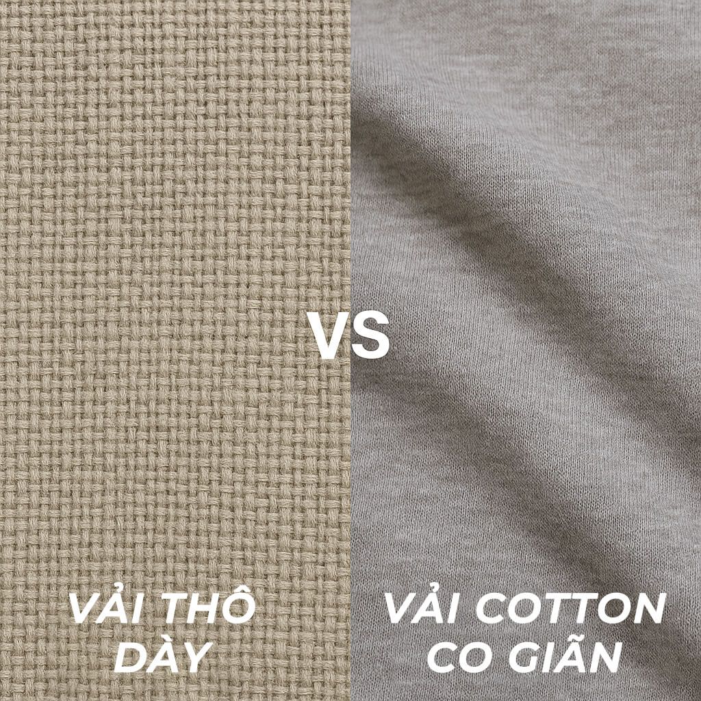 Cận cảnh chất vải thô, dày vs vải cotton co giãn nhẹ