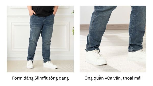 Hình ảnh cận cảnh phần eo và ống quần, thể hiện sự vừa vặn và thoải mái khi mặc.