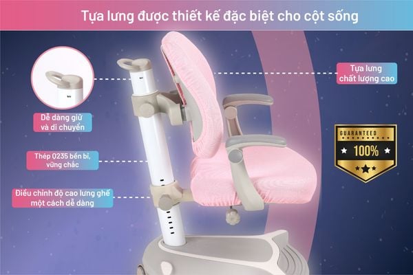 Ghế ngồi học chống gù với thiết kế tựa lưng ôm sát bảo vệ cột sống, cong theo cấu tạo sinh lý của cơ thể