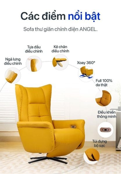 Ghế Recliner Sofa chỉnh điện Angel với 100% da bò thật cao cấp