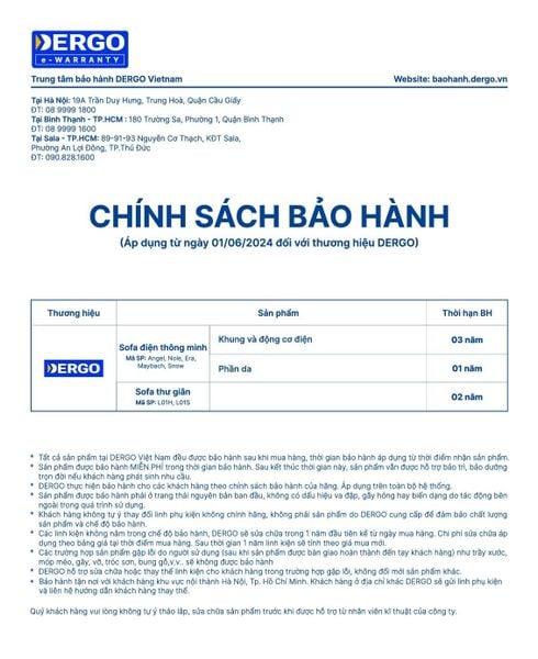 Chính sách bảo hành sofa điện thông minh và sofa thư giãn tại DERGO