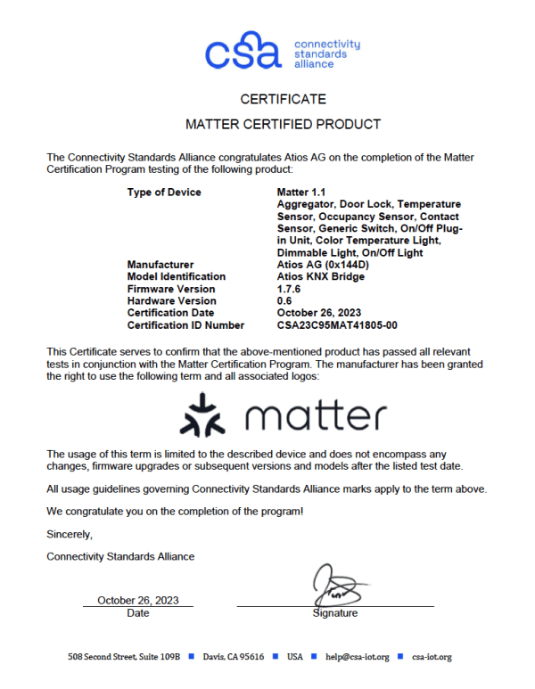 Matter Certificate