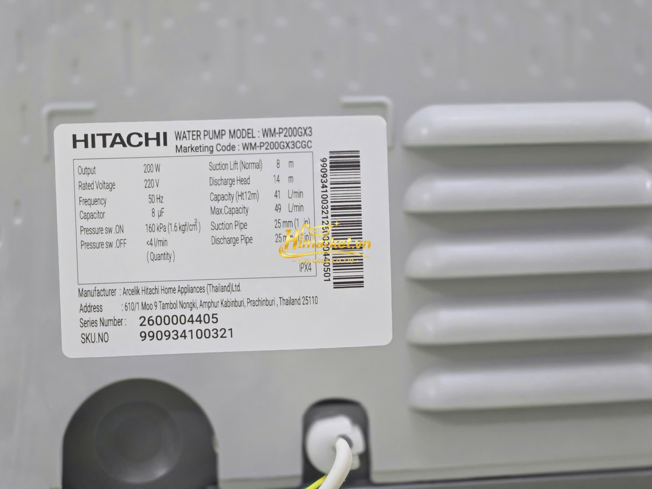 Tem thông số kỹ thuật máy bơm nước Hitachi WM-P200GX3