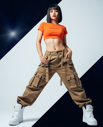 Cá tính với áo croptop + quần cargo và sneaker trắng