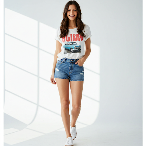 quần short denim + áo phông in hình + sneaker cổ thấp