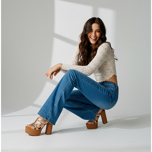 Sandal platform với quần jean ống loe