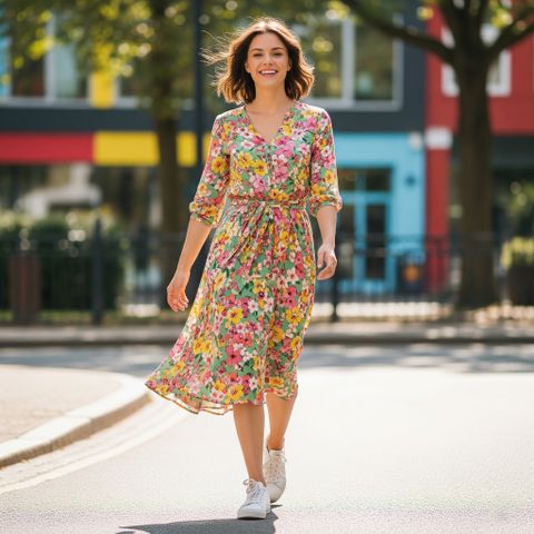 Sneaker trắng với váy midi thêm nữ tính