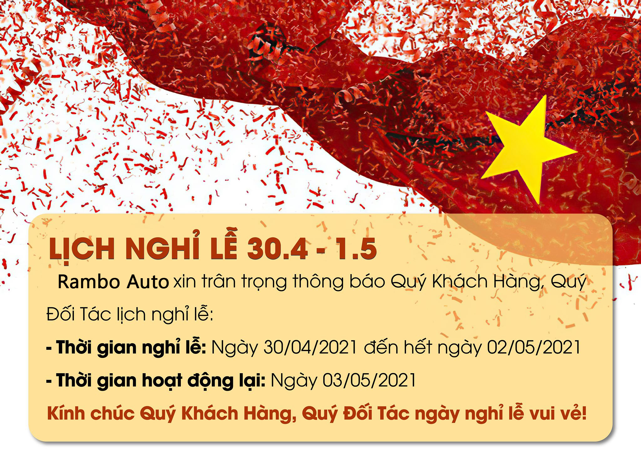 THÔNG BÁO LỊCH NGHỈ LỄ 30.4 - 1.5 . 2021