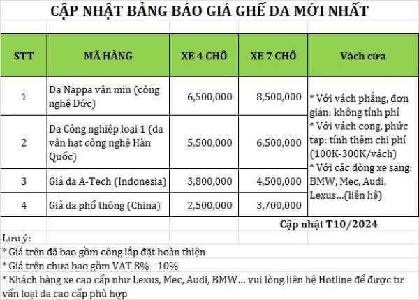 Báo giá bọc ghế da ô tô tháng 10 năm 2024