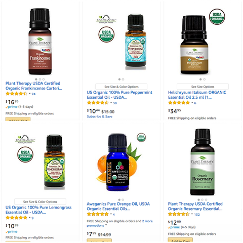 Ảnh chụp website Amazon.com - Các sản phẩm tinh dầu hữu cơ có thêm logo USDA màu xanh bên cạnh