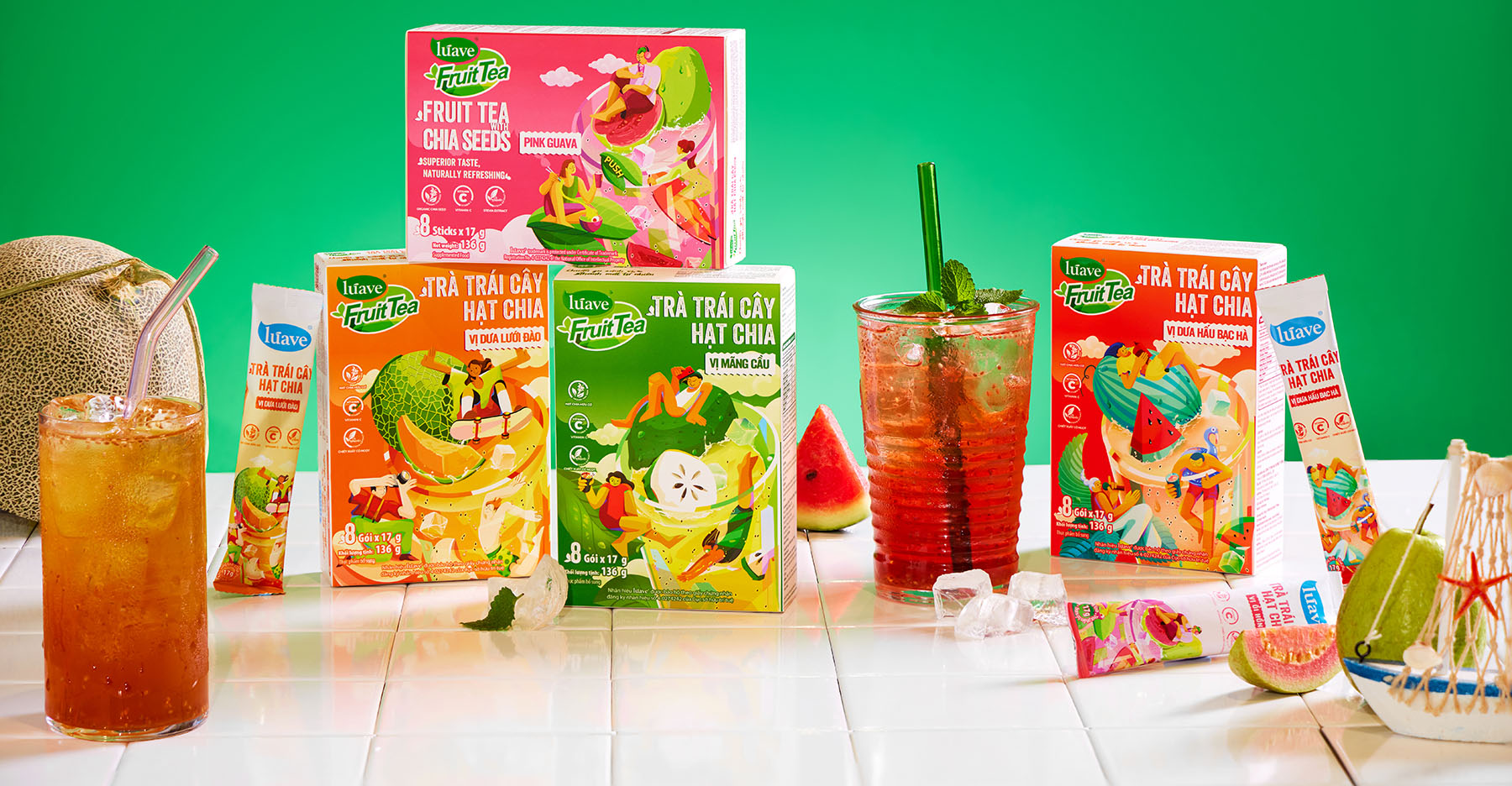 Trà trái cây hạt chia Lúave gồm 4 hương vị trái cây thanh mát tự nhiên