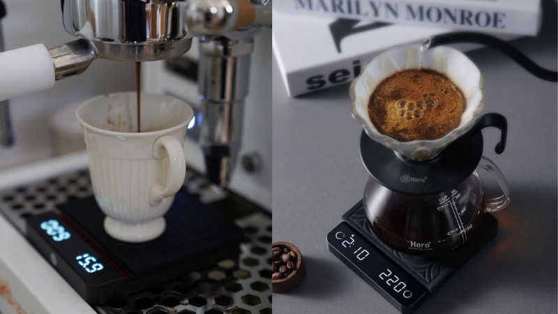 cân espresso và pouring