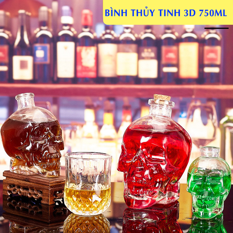 Bình thủy tinh in hình đầu lâu 3D độc đáo 750ml
