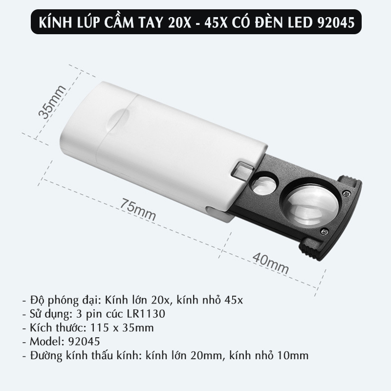 Kính lúp cầm tay có đèn led chiếu sáng 20x-45x 92045