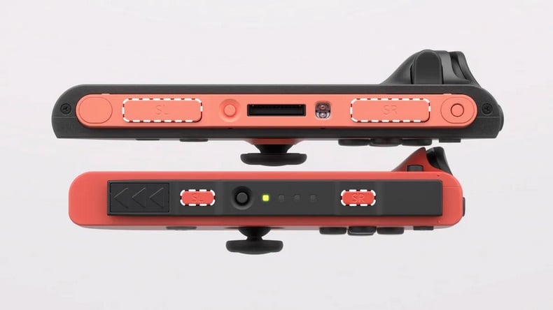 Nhìn từ cạnh bên Switch 2 Joy-Con (trên) so với Switch 1 Joy-Con (dưới)
