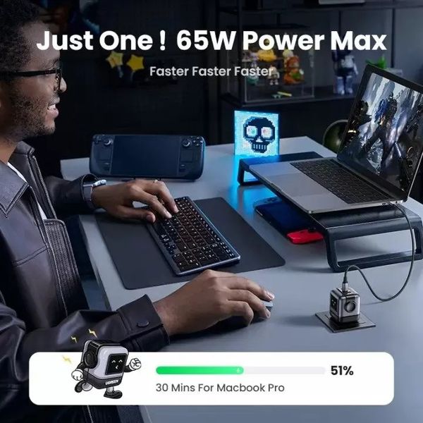 Củ sạc nhanh Nexode RG 65W Robot GaN Mini 3 cổng Type-C x2, Type-A x1 Ugreen CD361 15570 US Space Gray tiện lợi, hỗ trợ sạc nhanh mọi thiết bị phổ biến