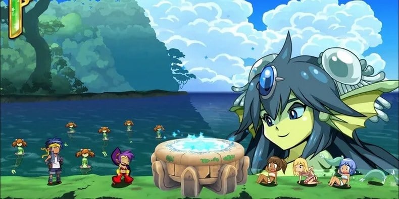 Nàng tiên cá Giga mỉm cười với Shantae trên bãi biển