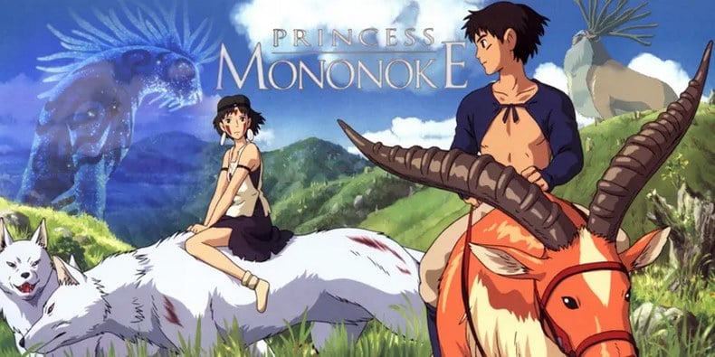 Nhân vật Princess Mononoke San cưỡi Moro, Ashitaka cưỡi Mokul, và các Tinh linh Rừng trong phim