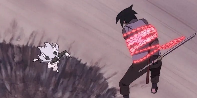 Sasuke bị trói trong không trung trong một trận chiến