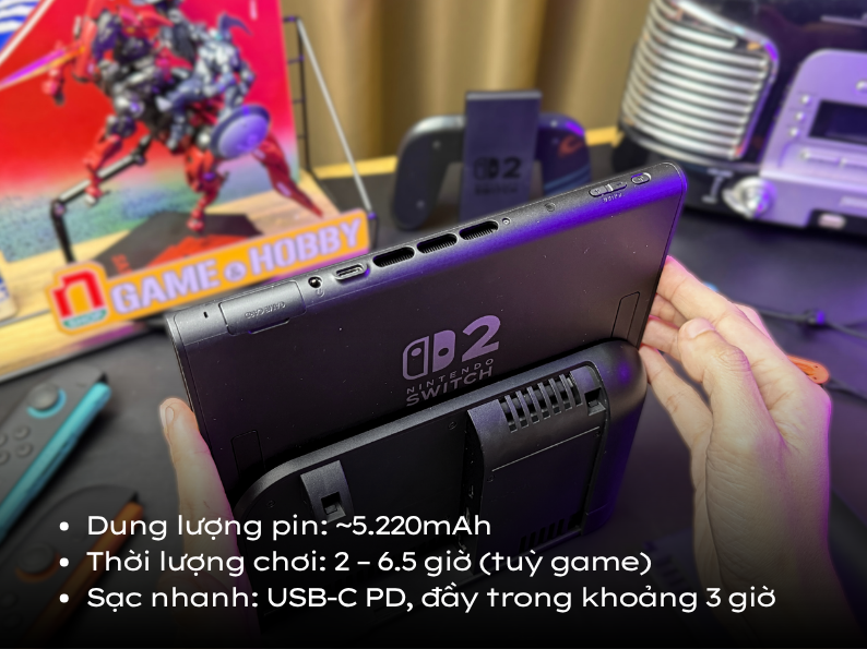 Thời lượng pin Nintendo Switch 2 lên đến 6.5 giờ chơi, sạc đầy mất khoảng 3 tiếng