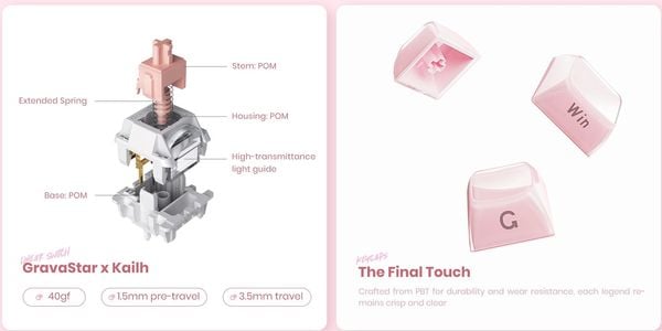 GravaStar Mercury K1 75% Wireless Mechanical Gaming Keyboard Sakura Pink bàn phím cơ không dây hiện đại, phù hợp cả làm việc và chơi game