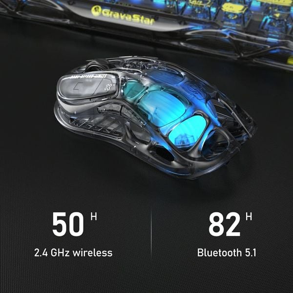 Chuột GravaStar Mercury M2 Wireless Gaming Mouse Transparent Black có LED RGB rực rỡ, hỗ trợ kết nối không dây dễ dàng và nhanh chóng