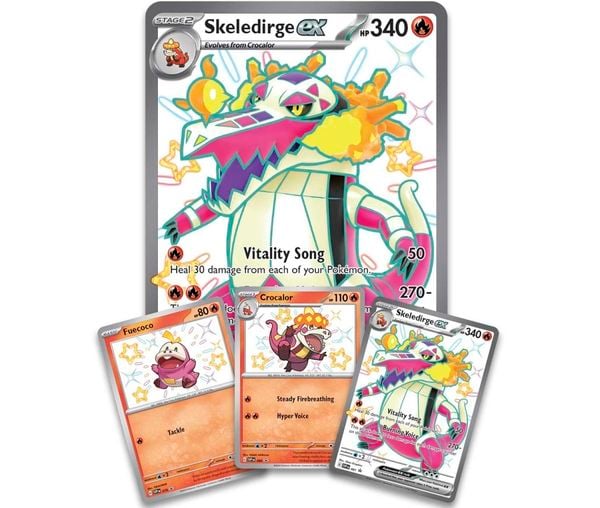Thẻ bài Pokemon TCG Scarlet & Violet Paldean Fates Skeledirge ex Premium Collection hàng thật chính hãng gồm nhiều thẻ bài ngẫu nhiên in hình đẹp sắc nét sưu tầm