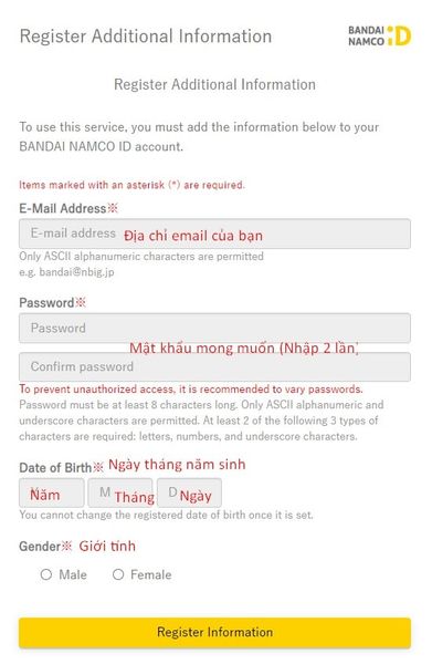 Cách tạo tài khoản Bandai Namco ID