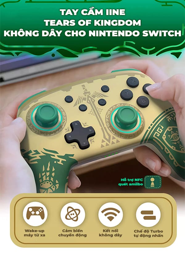 Tay cầm không dây màu vàng xanh lá thiết kế đẹp mắt tốt nhất chuyên dụng dùng cho máy game Nintendo Switch OLED Zelda Tears of the Kingdom IINE L807