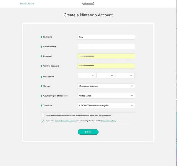 Enter the information to create a Nintendo Switch account