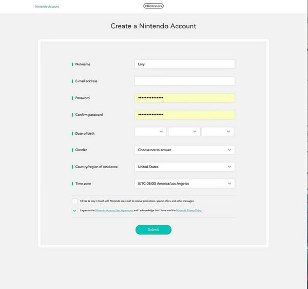 Điền thông tin tạo account Nintendo Switch