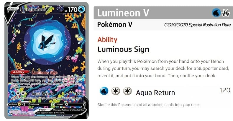 Lumineon V - Tìm supporter từ deck hoặc xào lại Pokemon này vào deck